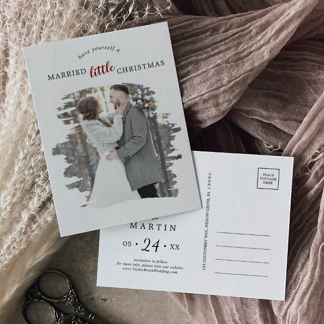 Brushed Red Marry Little Christmas Save the Date Holiday Postcard (Creator Uploaded)