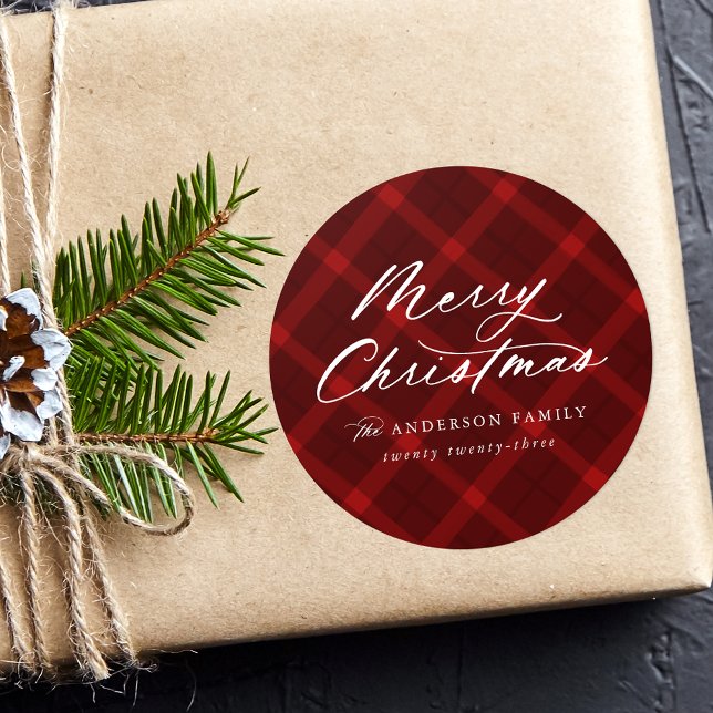 Brushed Red Plaid Merry Christmas Classic Round Sticker (Creator Uploaded)