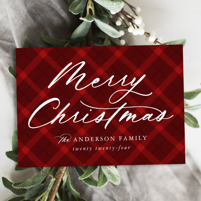 Brushed Red Plaid Merry Christmas Non-Photo Holiday Card (Creator Uploaded)