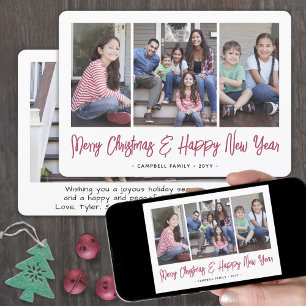 Brushed Red Script Christmas & New Years 4 Photo Holiday Card