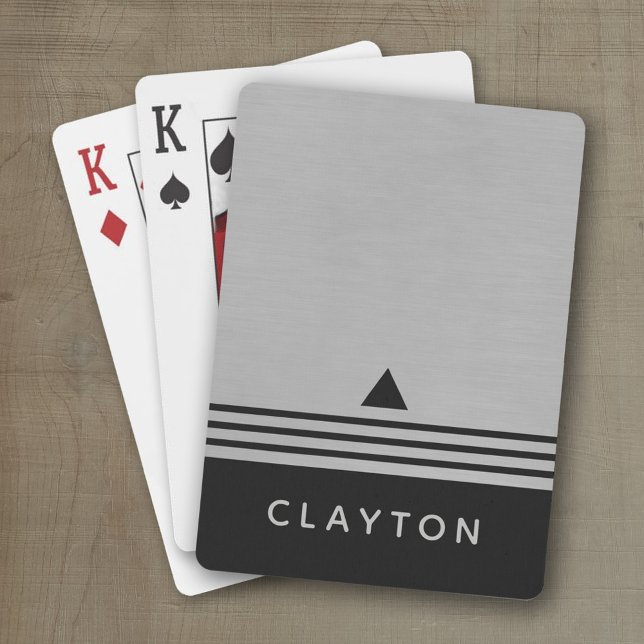 Brushed Silver and Black Manly Design Custom Name Playing Cards (Personalized playing cards with a masculine space age design and a place for a name or monogram)