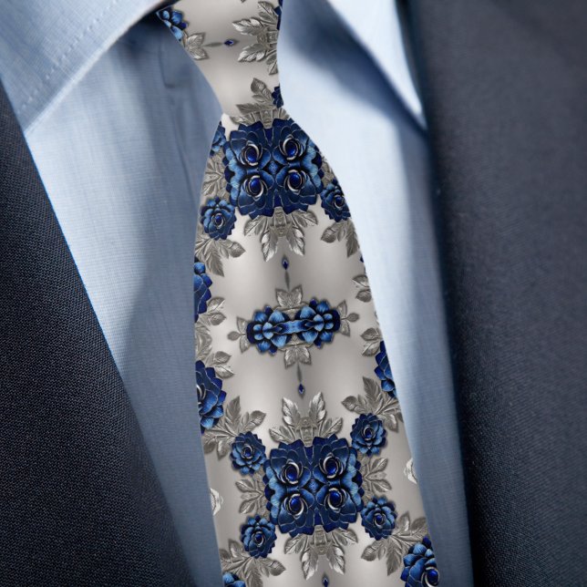 Brushed Silver and Blue Metallic Roses Tie (Creator Uploaded)