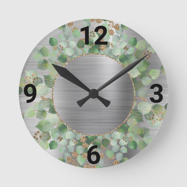 BRUSHED SILVER BOTANICAL EUCALYPTUS WALL CLOCK (Front)