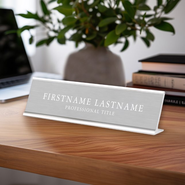 Brushed Silver Traditional Name Title Garamond Desk Name Plate (Custom Name Plate - Executive Desk Sign with Name and title or other text)