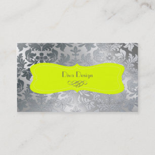 Brushed steel baroque damask/fluorescent green business card