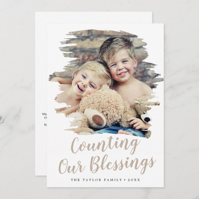 Brushed Tan Counting Our Blessings Year In Review Holiday Card (Front/Back)