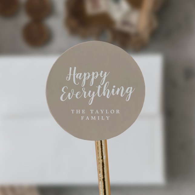 Brushed Tan Happy Everything Holiday Gift Classic Round Sticker (Creator Uploaded)