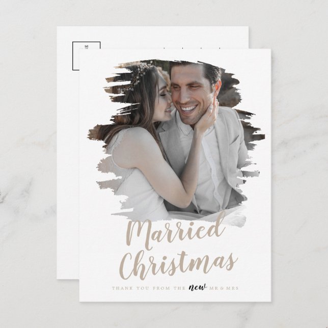 Brushed Tan Married Christmas Newlywed Thank You Holiday Postcard (Front/Back)