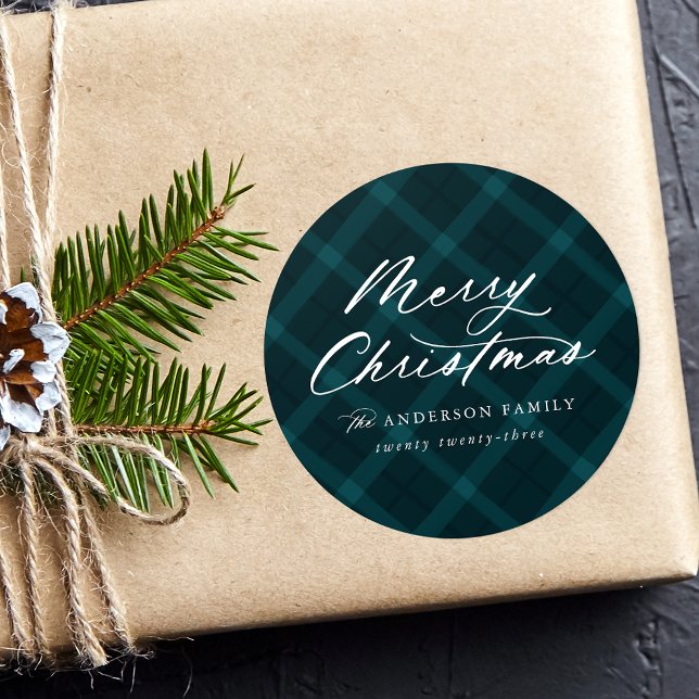 Brushed Teal Plaid Merry Christmas Classic Round Sticker (Creator Uploaded)