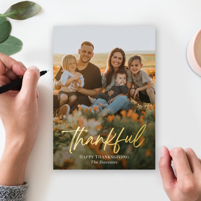 Brushed Thankful Foil Thanksgiving Photo Card (Creator Uploaded)