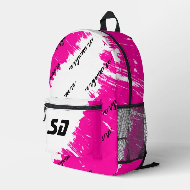 Brushed White Pink Black with Initials  Printed Backpack (Back Corner Right)