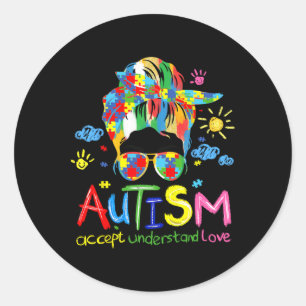 Brushstroke Autism Awareness Accept Love Messy Bun Classic Round Sticker