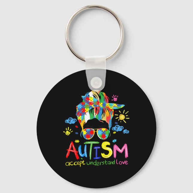 Brushstroke Autism Awareness Accept Love Messy Bun Key Ring (Front)