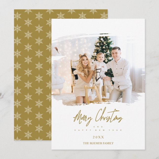 Brushstroke Christmas Golden Snowflakes Photo Holiday Card (Front/Back)