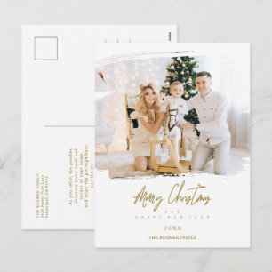 Brushstroke Christmas Golden Snowflakes Photo Holiday Postcard