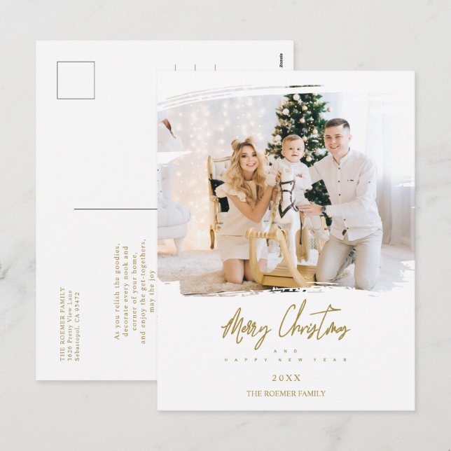 Brushstroke Christmas Golden Snowflakes Photo Holiday Postcard (Front/Back)