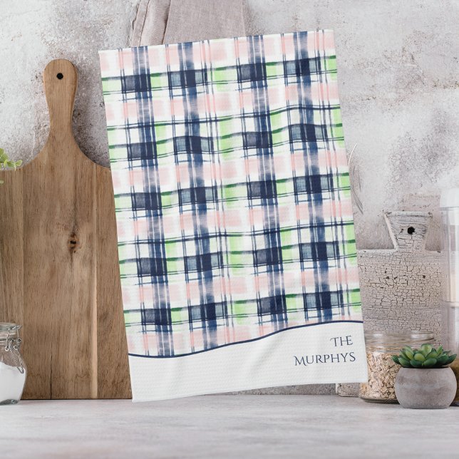 Brushstroke Navy Blue Preppy Plaid Custom Name Tea Towel (Creator Uploaded)