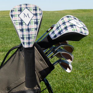 Brushstroke Navy Blue Preppy Plaid Monogrammed Golf Head Cover
