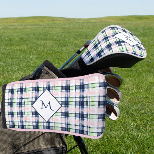 Brushstroke Navy Blue Preppy Plaid Monogrammed Golf Head Cover
