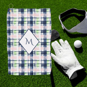 Brushstroke Navy Blue Preppy Plaid Monogrammed Golf Towel