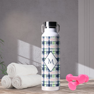 Brushstroke Navy Blue Preppy Plaid Monogrammed Water Bottle