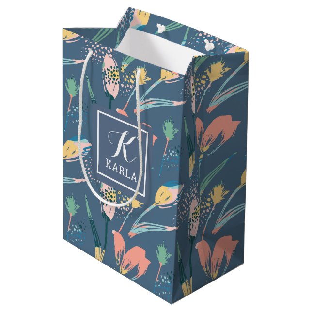 Brushstrokes illustration colourful tulips pattern medium gift bag (Back Angled)