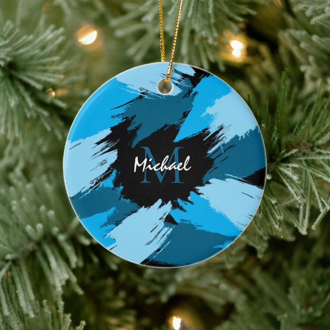Brushstrokes shades of blue name with monogram ceramic tree decoration (Tree)
