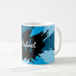 Brushstrokes shades of blue name with monogram coffee mug