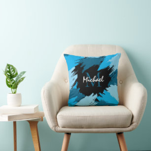Brushstrokes shades of blue name with monogram cushion