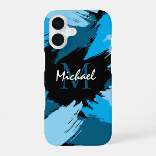 Brushstrokes shades of blue name with monogram iPhone 16 case
