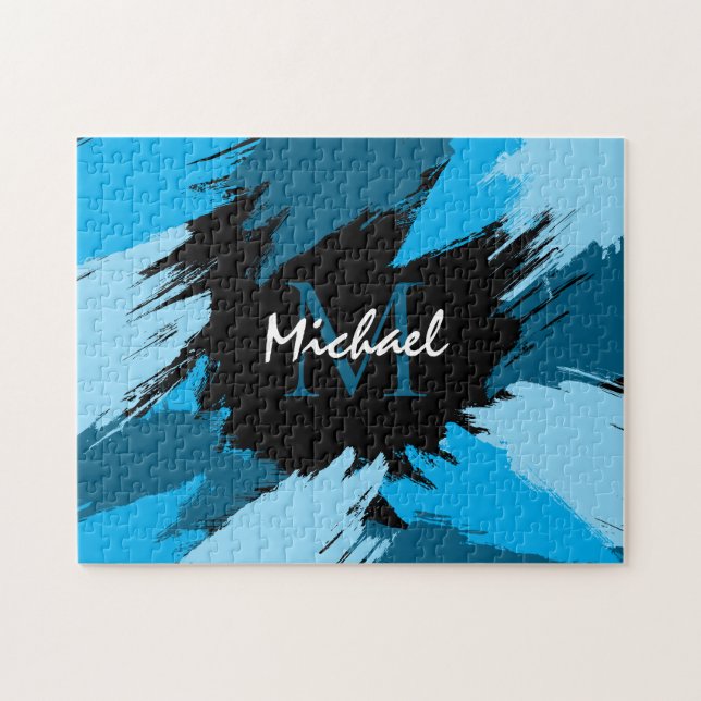 Brushstrokes shades of blue name with monogram jigsaw puzzle (Horizontal)