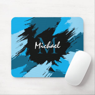 Brushstrokes shades of blue name with monogram mouse pad
