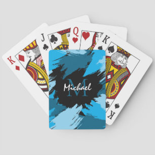 Brushstrokes shades of blue name with monogram playing cards