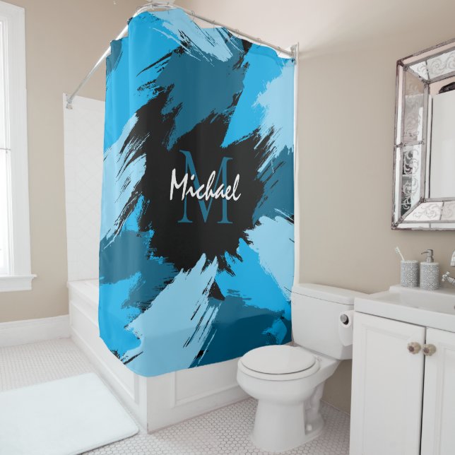 Brushstrokes shades of blue name with monogram shower curtain (In Situ)