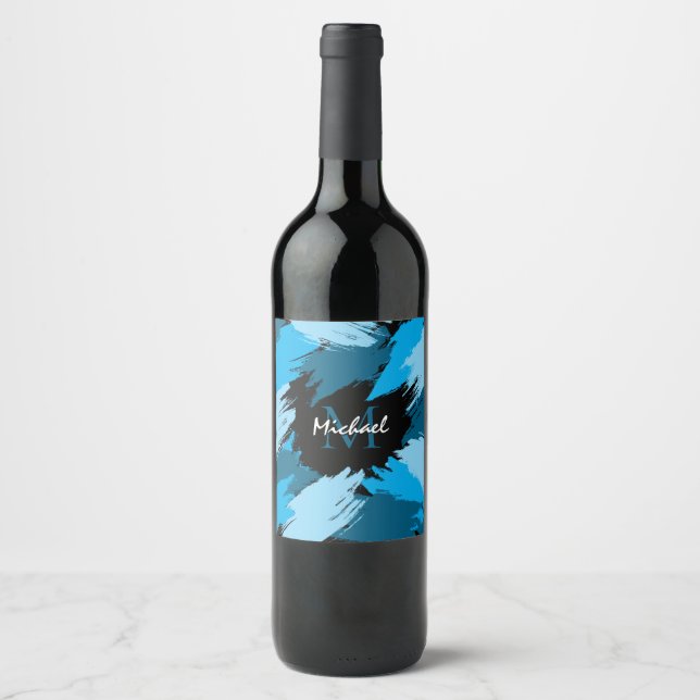 Brushstrokes shades of blue name with monogram wine label (Front)