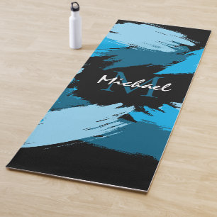 Brushstrokes shades of blue name with monogram yoga mat