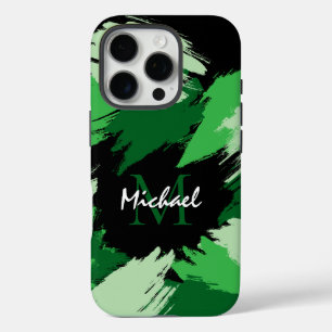 Brushstrokes shades of green name with monogram iPhone 16 pro case