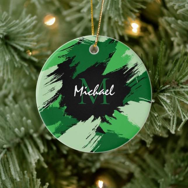 Brushstrokes shades of green name with monogram ceramic tree decoration (Tree)