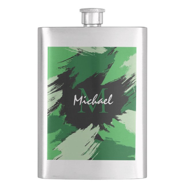 Brushstrokes shades of green name with monogram hip flask (Front)