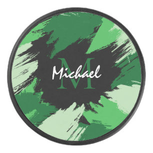 Brushstrokes shades of green name with monogram hockey puck
