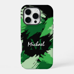Brushstrokes shades of green name with monogram iPhone 16 pro case