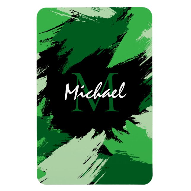 Brushstrokes shades of green name with monogram magnet (Vertical)
