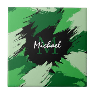 Brushstrokes shades of green name with monogram tile