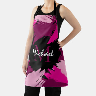Brushstrokes shades of hot pink name with monogram apron