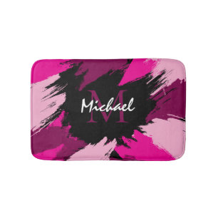 Brushstrokes shades of hot pink name with monogram bath mat