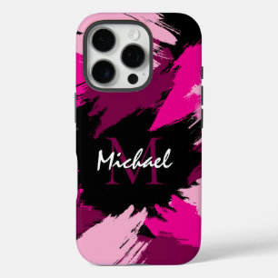 Brushstrokes shades of hot pink name with monogram iPhone 16 pro case