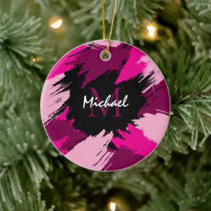 Brushstrokes shades of hot pink name with monogram ceramic tree decoration