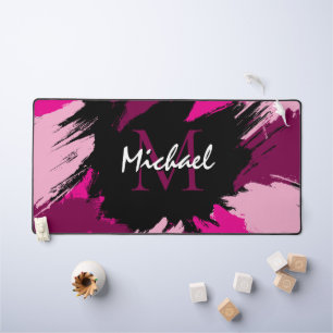 Brushstrokes shades of hot pink name with monogram desk mat