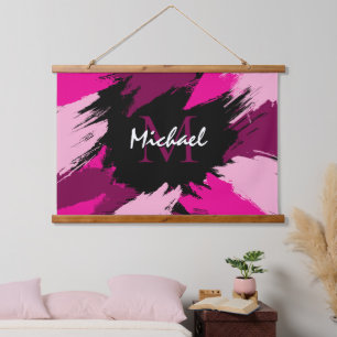Brushstrokes shades of hot pink name with monogram hanging tapestry