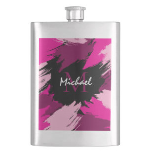 Brushstrokes shades of hot pink name with monogram hip flask